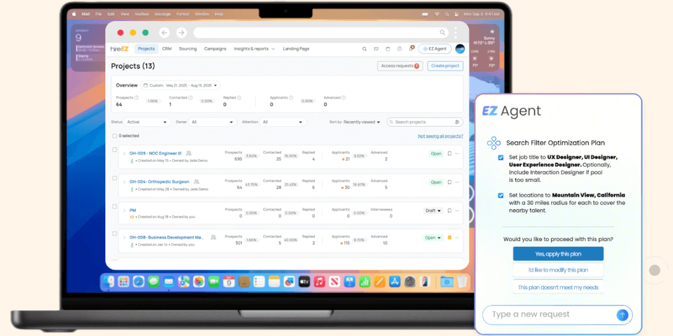 hireEZ projects dashboard with CRM, sourcing, campaigns and insights tabs, plus the EZ Agent panel proposing a search filter optimization plan