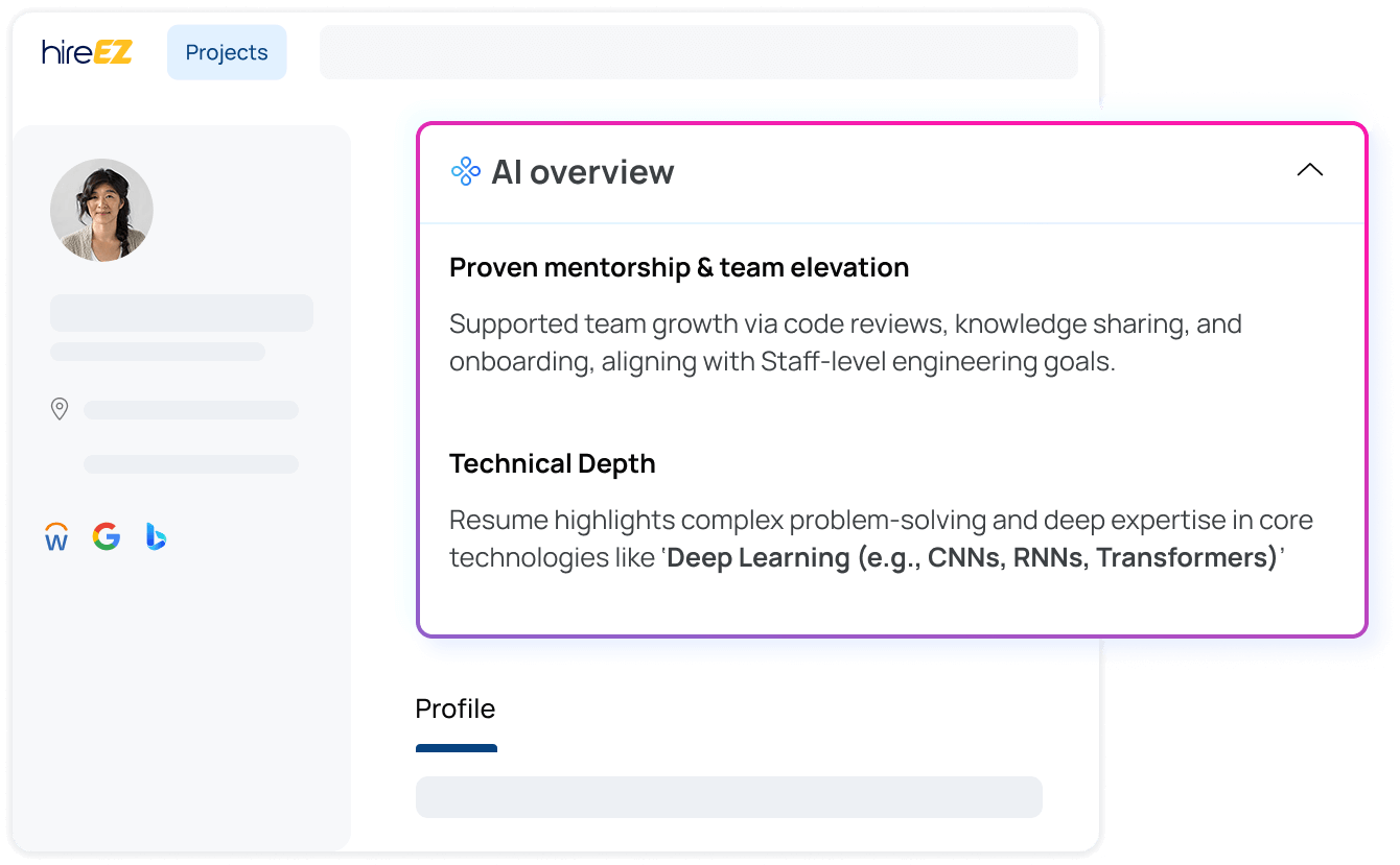 An image showing an applicant that AI has indidcated is a best fit for a role, along with highlights and an AI overview