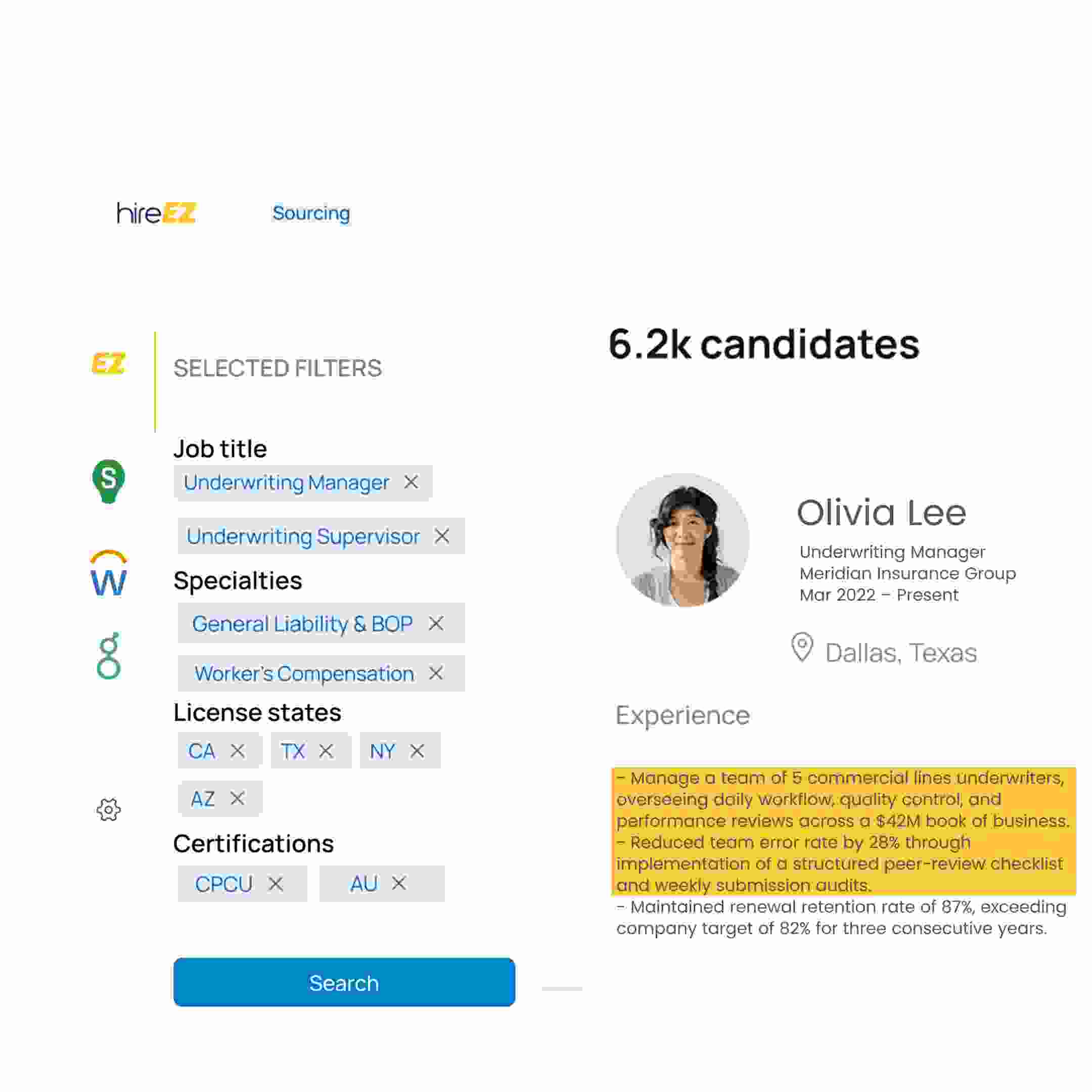 hireEZ Sourcing module showing search filters and a candidate profile card with highlighted resume text
